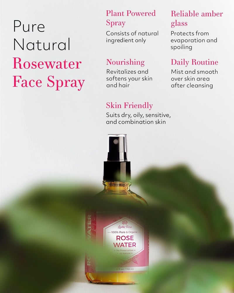 Leven Rose Rose Water Spray for Face by Leven Rose - Pure Natural Moroccan Rosewater Hydrosol Face Spray - Organic Rose Water for Hair 4 oz - Image 2